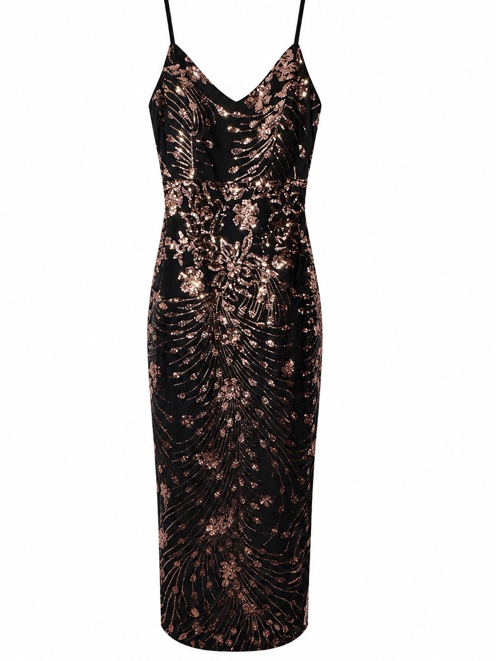 Haute Monde Black Rose Gold Sequin Floral Bodycon Maxi Evening Gown Dress S
